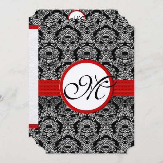 白黒ヴィンテージフローラダマスクウェディング 招待状 (正面/裏面)