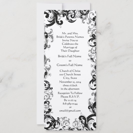 白黒ヴィンテージフローラダマスクウェディング 招待状 (正面)