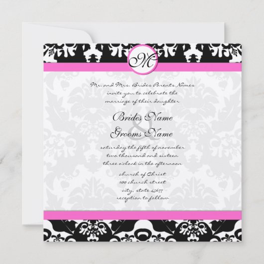 白黒ヴィンテージフローラダマスクウェディング 招待状 (正面)