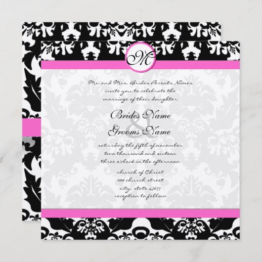 白黒ヴィンテージフローラダマスクウェディング 招待状 (正面/裏面)