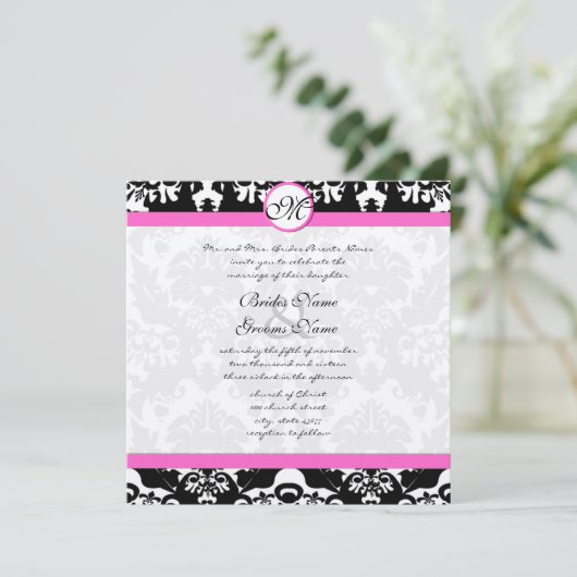 白黒ヴィンテージフローラダマスクウェディング 招待状 (スタンド正面)