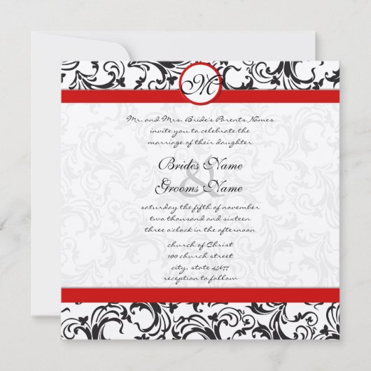 白黒ヴィンテージフローラダマスクウェディング 招待状 (正面)