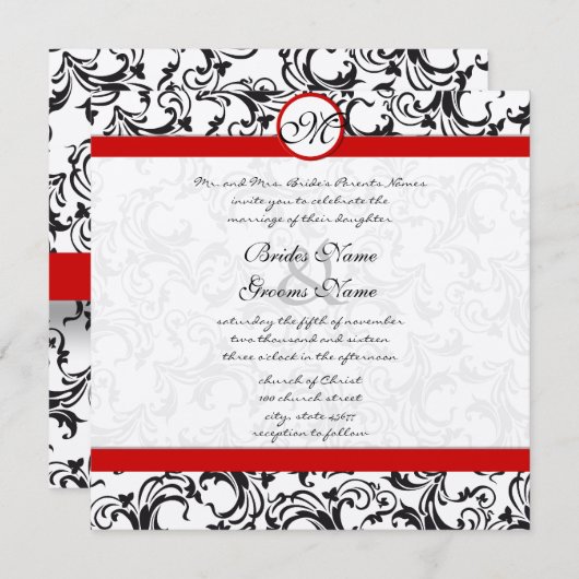 白黒ヴィンテージフローラダマスクウェディング 招待状 (正面/裏面)