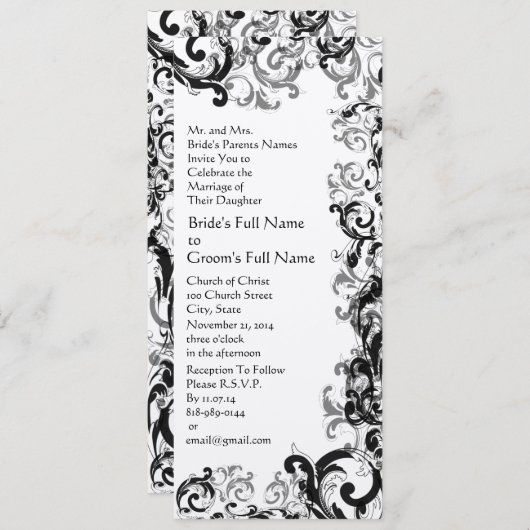 白黒ヴィンテージフローラダマスクウェディング 招待状 (正面/裏面)