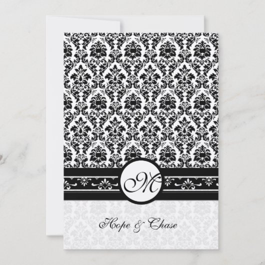 白黒ヴィンテージフローラダマスクウェディング 招待状 (正面)