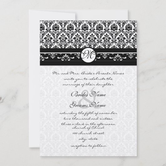 白黒ヴィンテージフローラダマスクウェディング 招待状 (裏面)