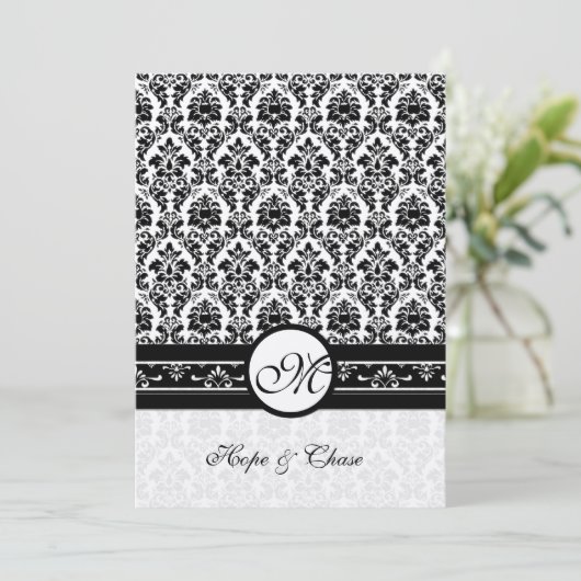 白黒ヴィンテージフローラダマスクウェディング 招待状 (スタンド正面)