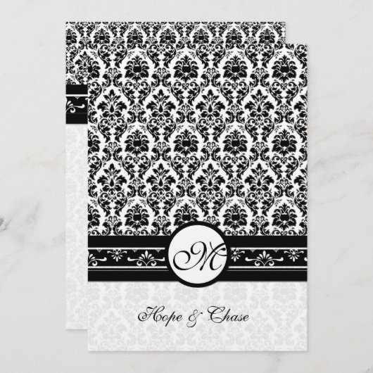 白黒ヴィンテージフローラダマスクウェディング 招待状 (正面/裏面)