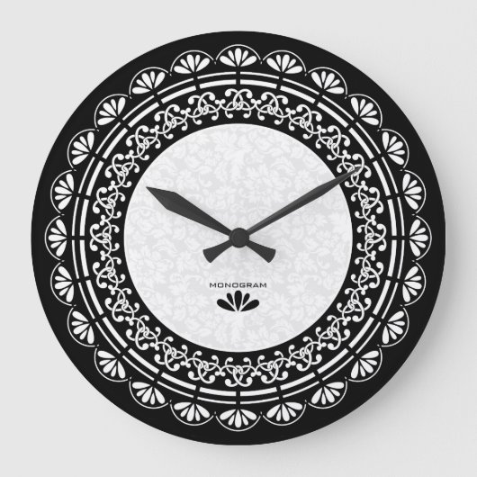 白黒ヴィンテージフローラデザイン ラージ壁時計 (正面)