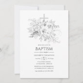 白黒ヴィンテージフローラバプテスマ 招待状 (正面)