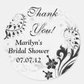 白黒ヴィンテージフローラブライダルシャワーありがとう ラウンドシール (正面)