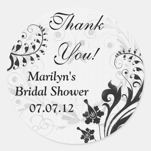 白黒ヴィンテージフローラブライダルシャワーありがとう ラウンドシール (正面)