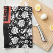 白黒ヴィンテージフローラマスク キッチンタオル (四つ折り)