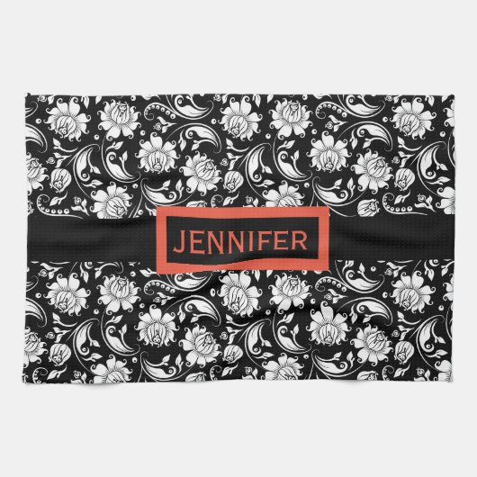 白黒ヴィンテージフローラマスク キッチンタオル (横)