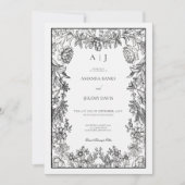 白黒ヴィンテージフローラモノグラム結婚ズ 招待状 (正面)
