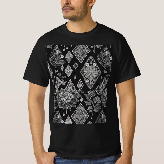 白黒ヴィンテージフローラレースデザイン Tシャツ (正面)