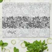 白黒ヴィンテージフローラレースモノグラム キッチンタオル (折り畳み)