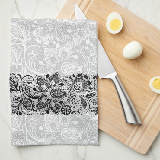白黒ヴィンテージフローラレースモノグラム キッチンタオル (四つ折り)