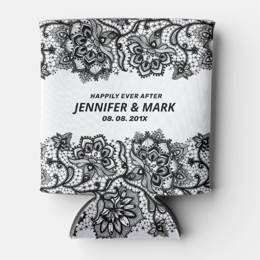 白黒ヴィンテージフローラレース縁ど 缶クーラー (正面)