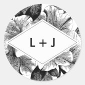 白黒ヴィンテージフローラ結婚モノグラム ラウンドシール (正面)