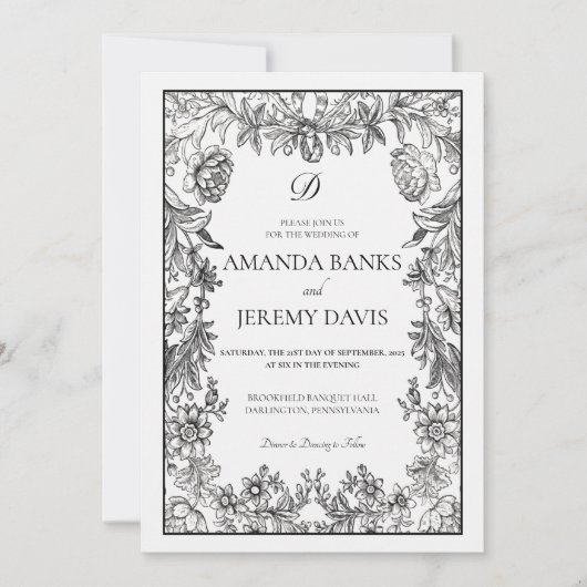 白黒ヴィンテージフローラ結婚式招待状 招待状 (正面)