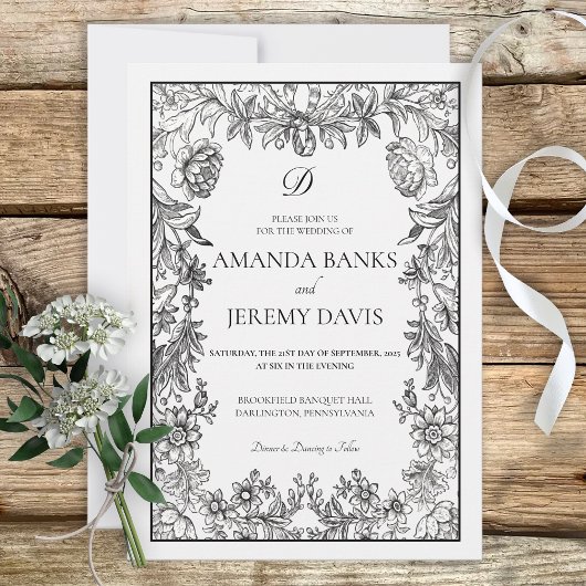 白黒ヴィンテージフローラ結婚式招待状 招待状