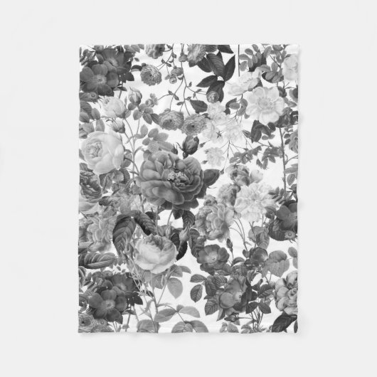 白黒ヴィンテージフローラ フリースブランケット (正面)