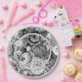 白黒ヴィンテージフローラ ペーパープレート (パーティー)