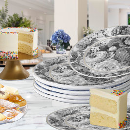 白黒ヴィンテージフローラ ペーパープレート