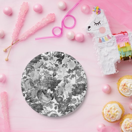 白黒ヴィンテージフローラ ペーパープレート (パーティー)