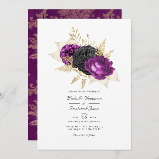 白黒ヴィンテージフローラQRコード結婚 招待状 (正面/裏面)