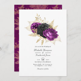 白黒ヴィンテージフローラQRコード結婚 招待状