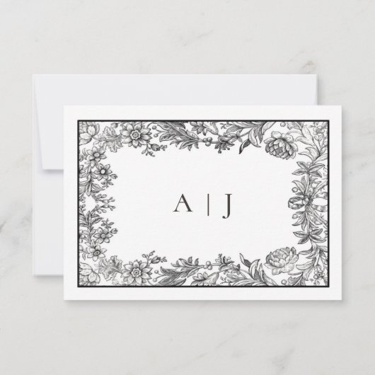 白黒ヴィンテージフローラQRコー結婚ド 出欠カード (裏面)