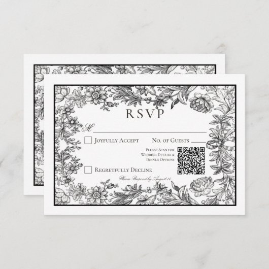 白黒ヴィンテージフローラQRコー結婚ド 出欠カード (正面/裏面)
