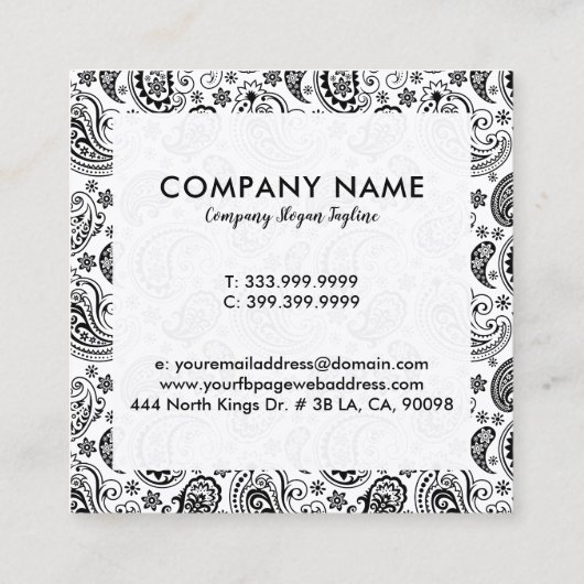 白黒ヴィンテージペイズリーパターン スクエア名刺 (裏面)