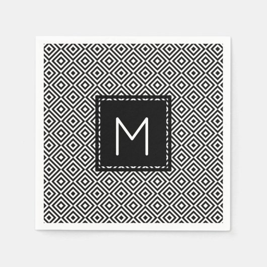 白黒ヴィンテージモノグラム スタンダードカクテルナプキン (正面)
