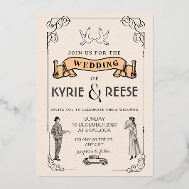 白黒ヴィンテージレトロ結婚式招待状 箔招待状