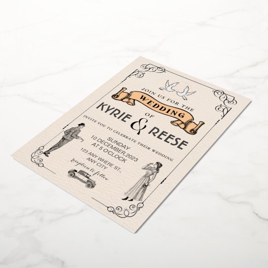 白黒ヴィンテージレトロ結婚式招待状 箔招待状 (回転した状態)