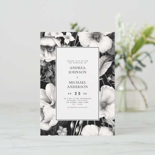 白黒ヴィンテージ植物暗黒フローラ結婚ズ 招待状 (スタンド正面)
