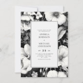 白黒ヴィンテージ植物暗黒フローラ結婚ズ 招待状 (正面)