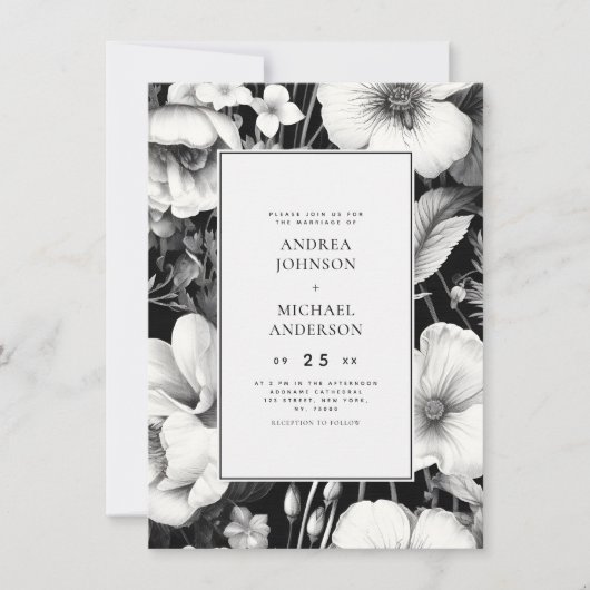 白黒ヴィンテージ植物暗黒フローラ結婚ズ 招待状 (正面)