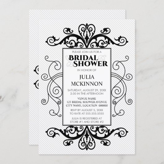 白黒ヴィンテージ渦巻きブライダルシャワー 招待状 (正面/裏面)