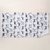 白黒ヴィンテージ犬のパターン ビーチタオル (正面)