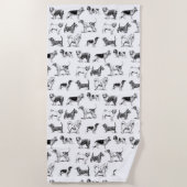 白黒ヴィンテージ犬のパターン ビーチタオル (正面)