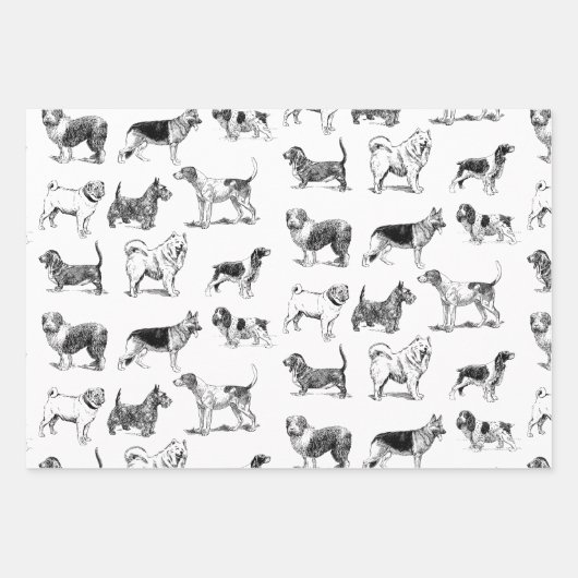 白黒ヴィンテージ犬のパターン ラッピングペーパーシート (正面2)