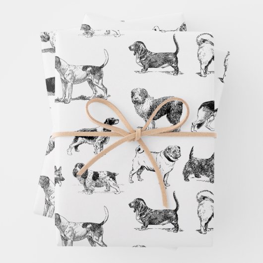 白黒ヴィンテージ犬のパターン ラッピングペーパーシート (インサイチュ)