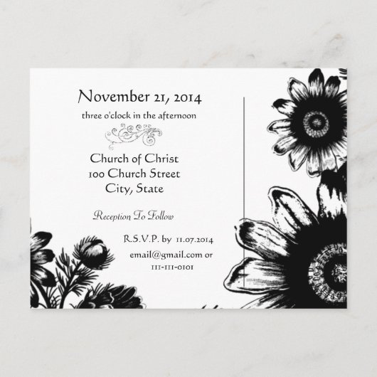 白黒ヴィンテージ結婚フローラ インビテーションポストカード (裏面)