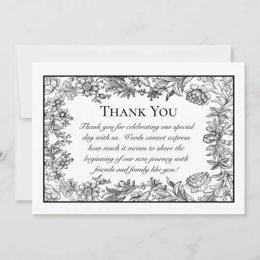 白黒ヴィンテージ結婚フローラ サンキューカード (正面)