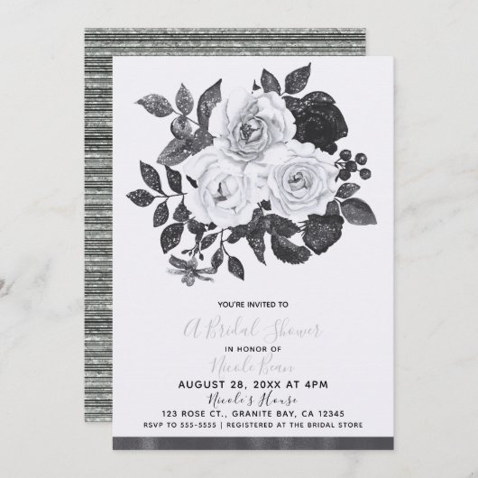 白黒ヴィンテージ花モダンブライダルシャワー 招待状 (正面/裏面)