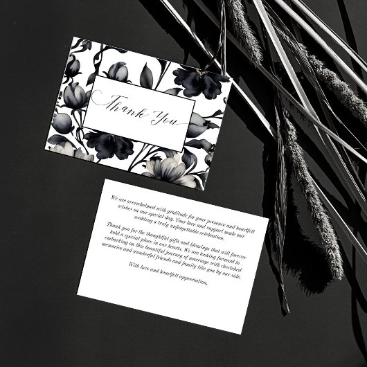 白黒ヴィンテージ花優雅な結婚式 サンキューカード